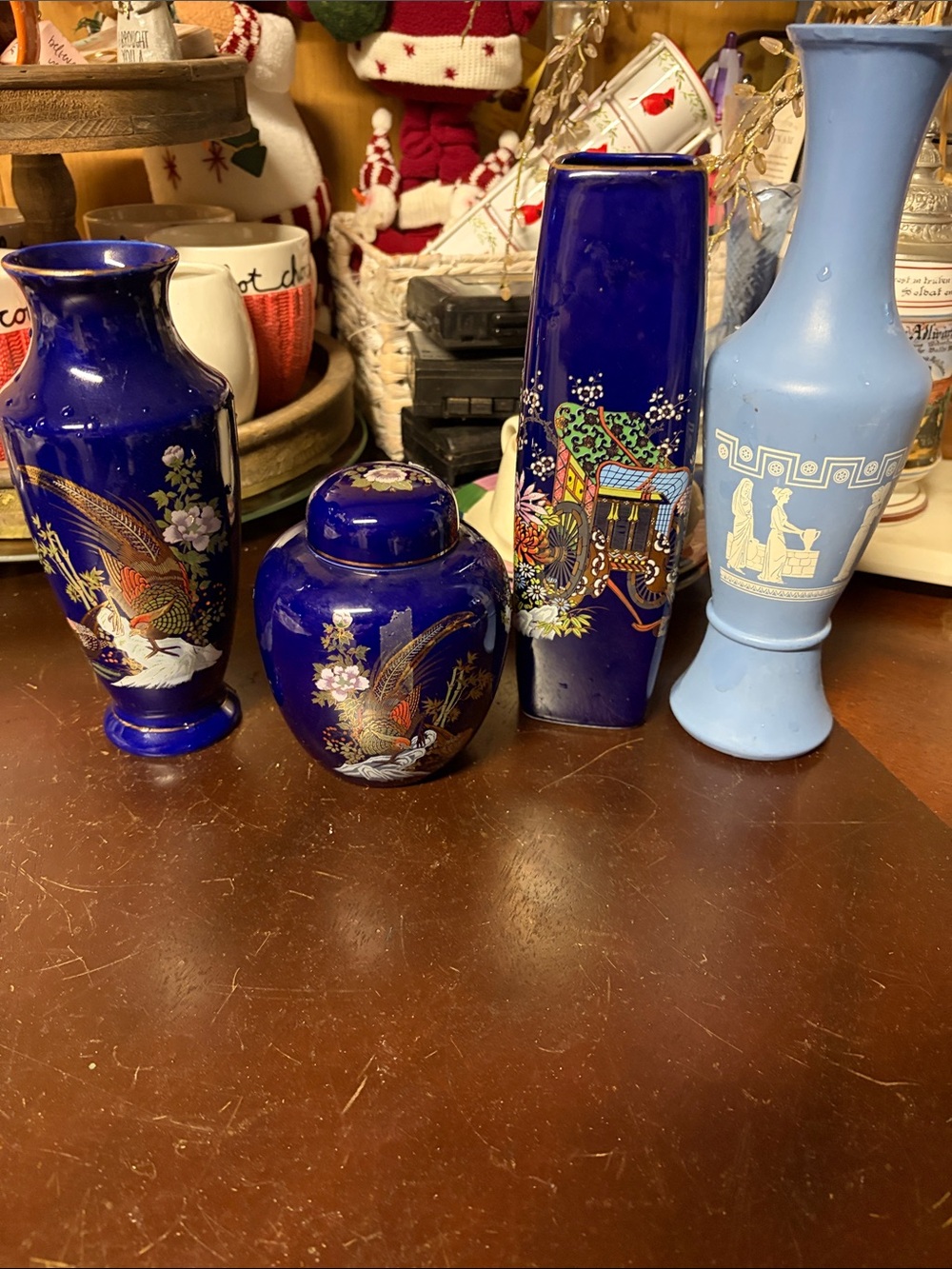 Set of Deep Cobalt Blue Decorative Ceramic Vases and Lidded Jar